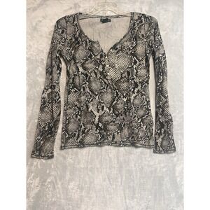 Lucky Brand Black Beige Snake Print Top Waffle Knit V Neck‎ Long Sleeves L